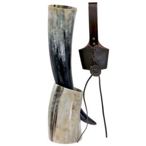 vikings drinking horn wine beer with stand and leather holster